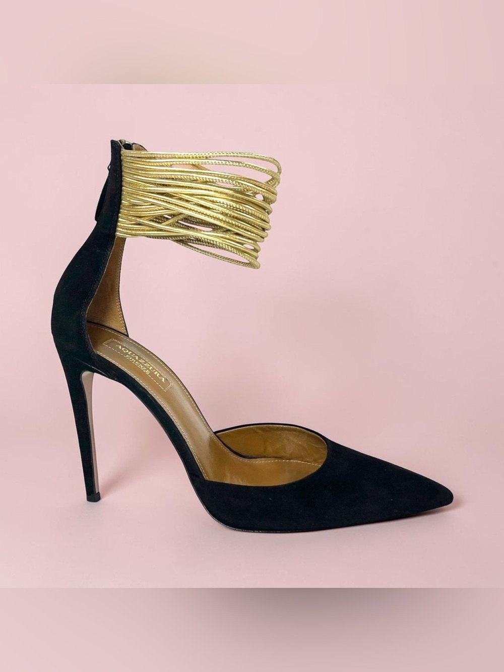 AQUAZZURA Firenze Black Suede Gold Zip Back Pointed Toe Heels 37 7